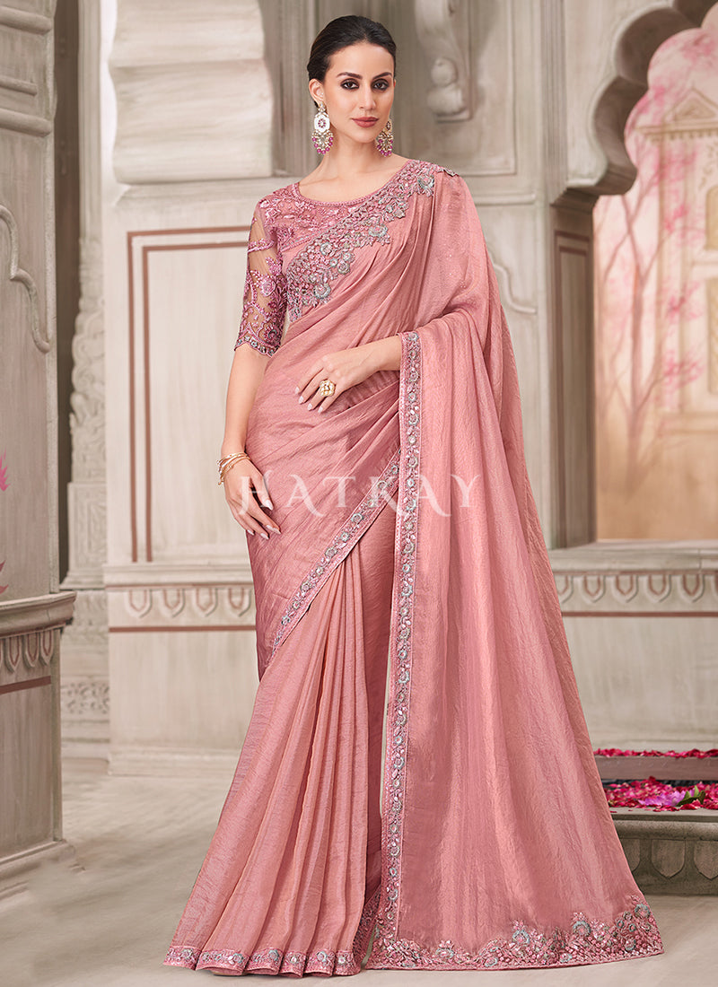 Blush Pink Sequence Embroidery Traditional Wedding Saree