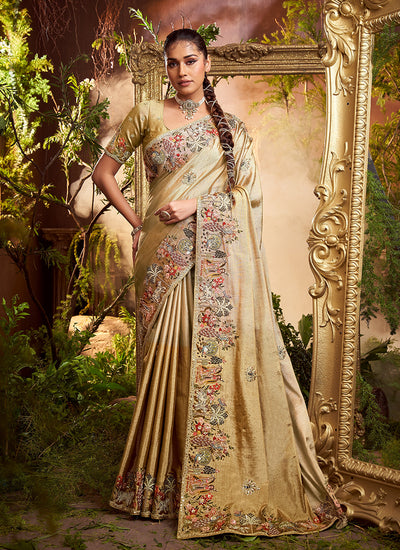 Golden Beige Multi Embroidery Wedding Saree