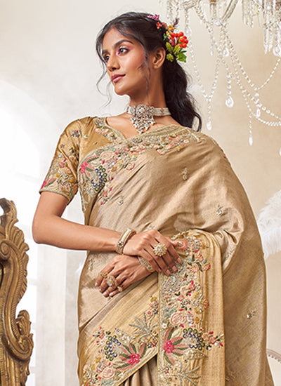 Golden Beige Embroidered Silk Saree