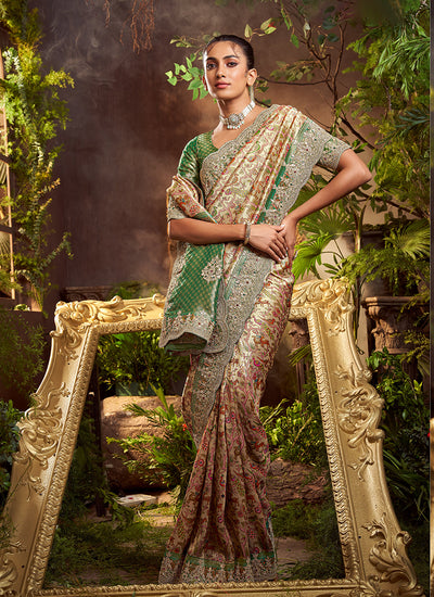Sage Green and Gold Multi Embroidery Wedding Saree