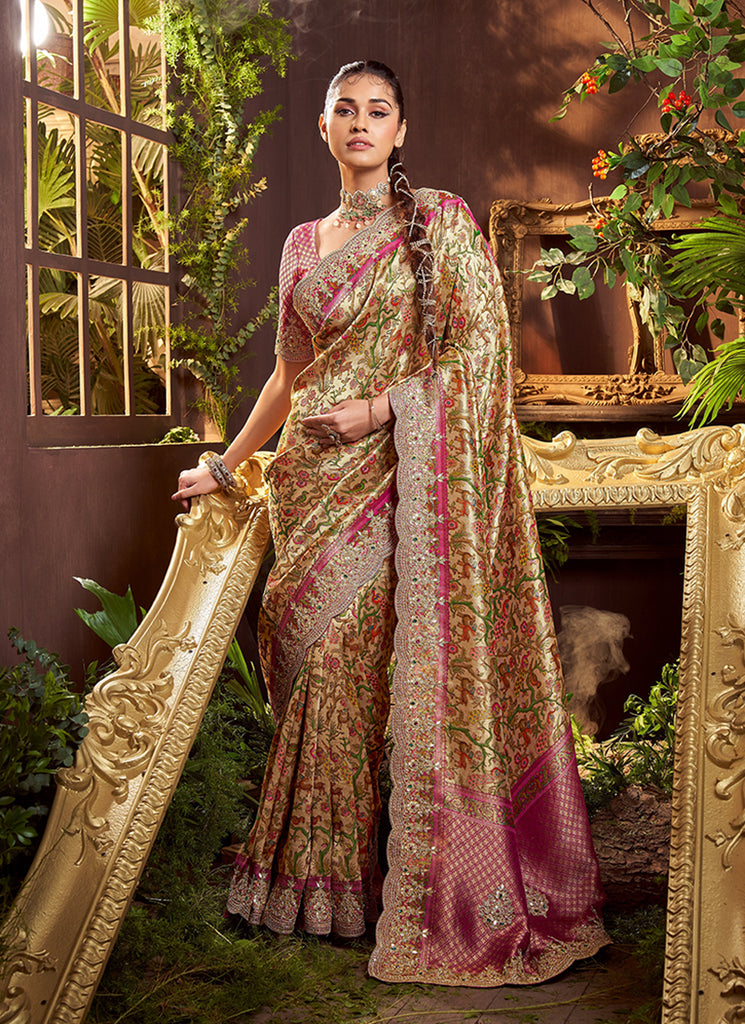Rose Pink and Yellow Multi Embroidery Wedding Saree