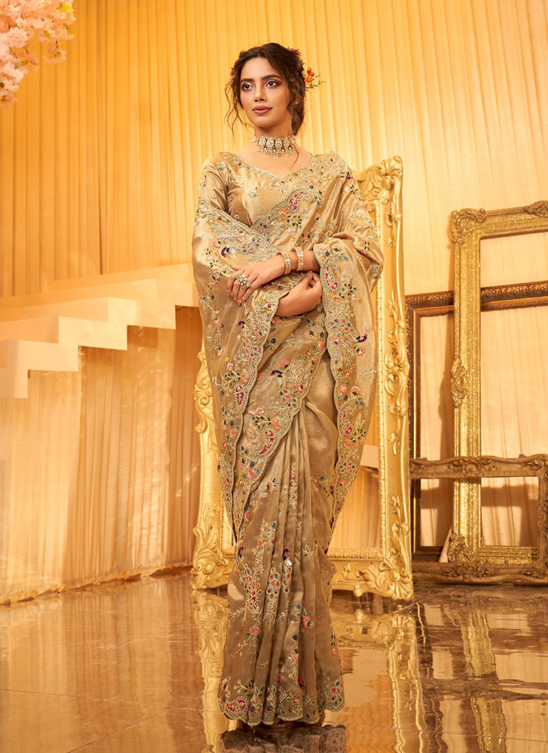 Champagne Gold Embroidered Wedding Saree