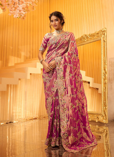 Magenta Pink Embroidered Wedding Saree