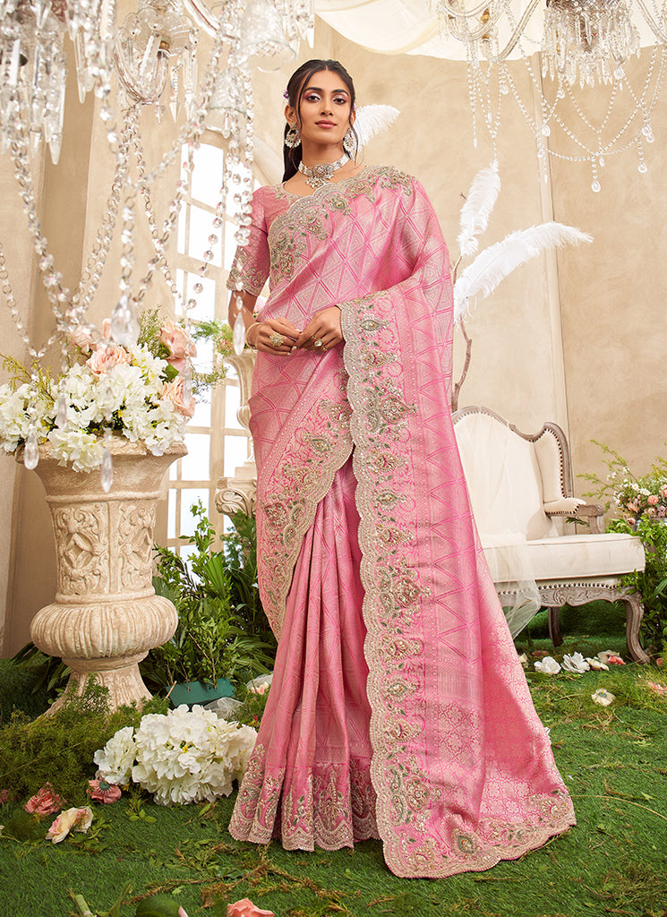 Pink Embroidered Silk Saree