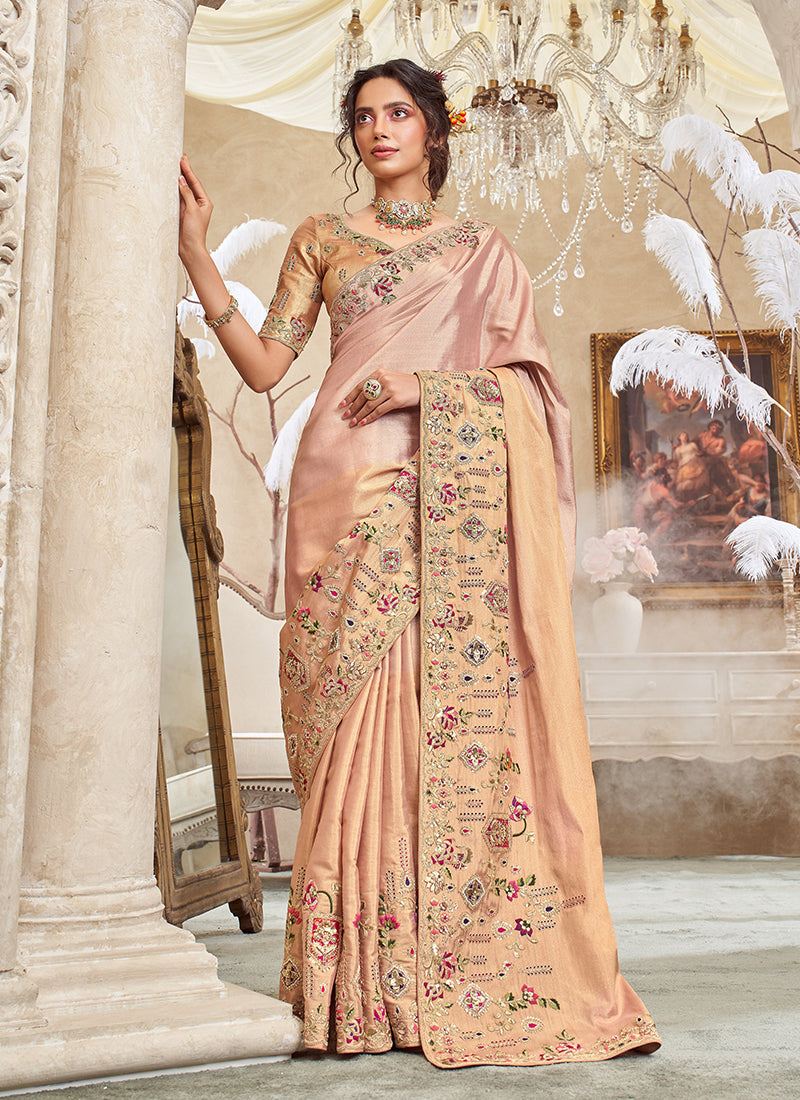 Peachish Pink Embroidered Silk Saree