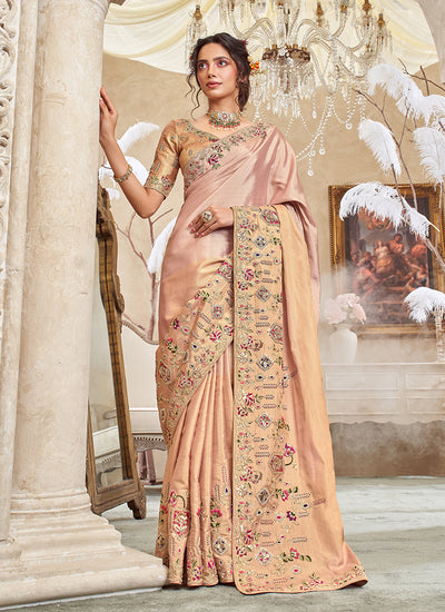 Peachish Pink Embroidered Silk Saree
