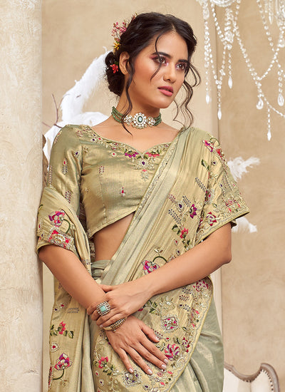 Sage Green Embroidered Silk Saree