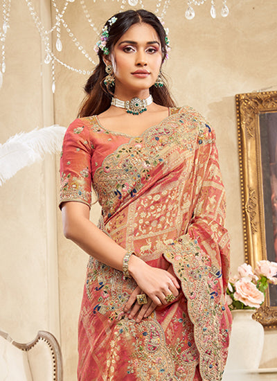 Rust Orange Embroidered Silk Saree