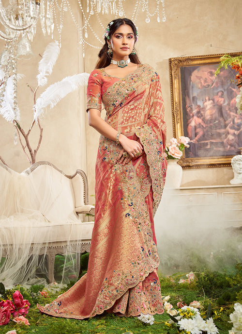 Rust Orange Embroidered Silk Saree