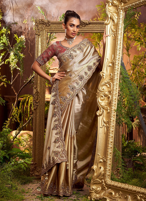 Champagne Gold Multi Embroidery Wedding Saree