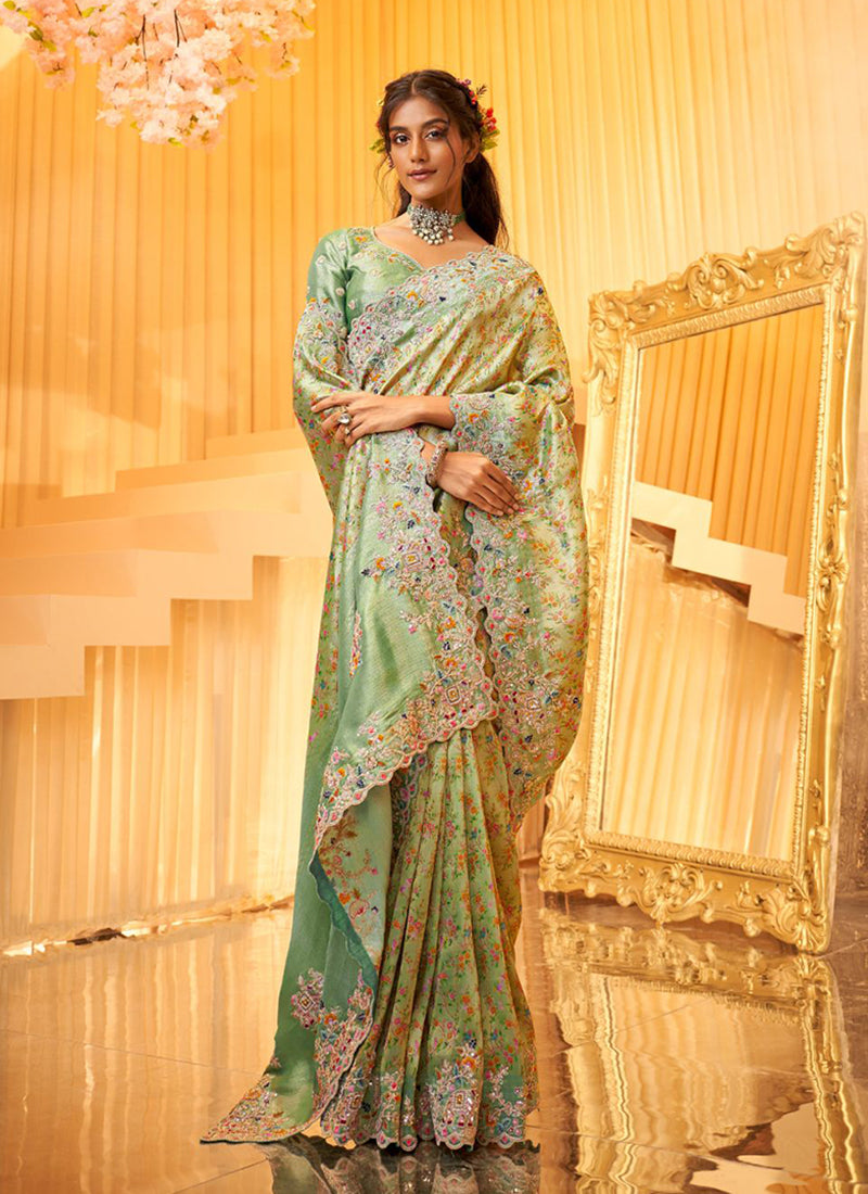 Light Green Embroidered Wedding Saree