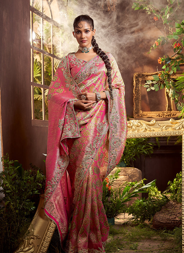 Rose Pink Multi Embroidery Wedding Saree