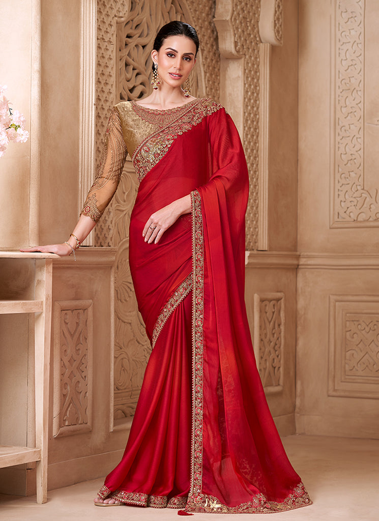 Red and Golden Embroidered Silk Saree