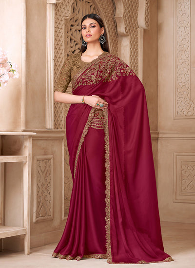 Maroon and Brown Embroidered Silk Saree
