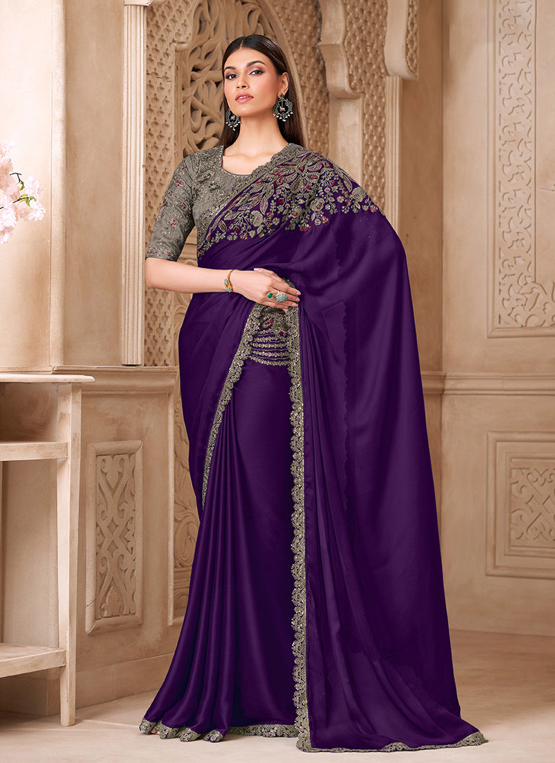 Purple and Grey Embroidered Silk Saree