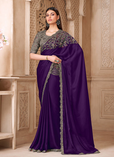 Purple and Grey Embroidered Silk Saree