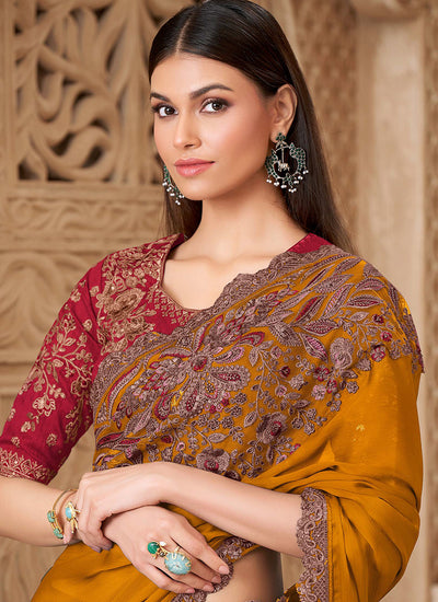 Mustard and Red Embroidered Silk Saree
