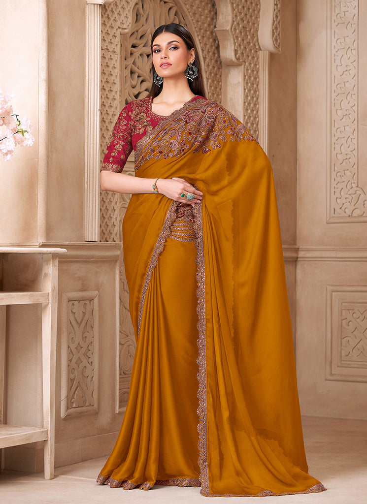 Mustard and Red Embroidered Silk Saree