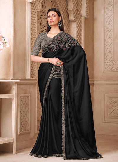 Black and Grey Embroidered Silk Saree