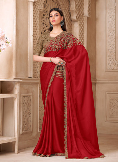 Red and Brown Embroidered Silk Saree