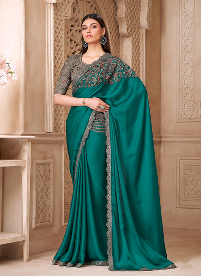 Green and Grey Embroidered Silk Saree