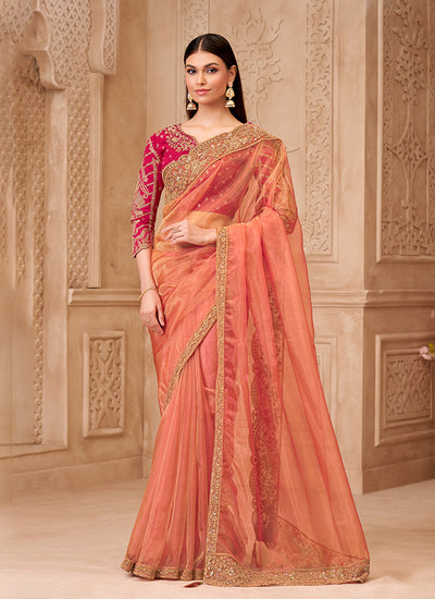 Orange and Magenta Embroidered Georgette Saree