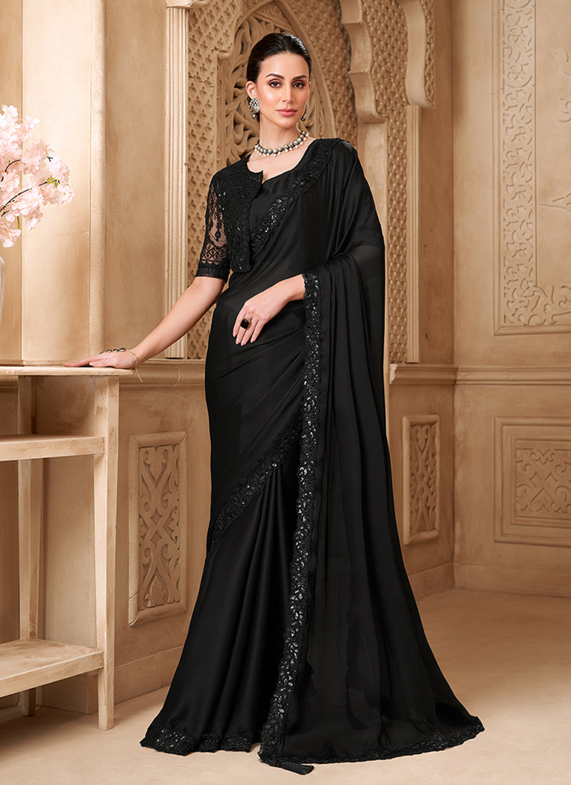 Black Embroidered Jacket Style Georgette Saree