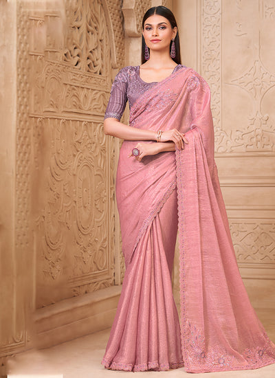 Pink and Purple Embroidered Georgette Saree