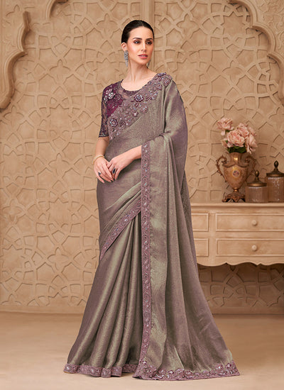 Dusty Mauve Traditional Embroidered Georgette Saree