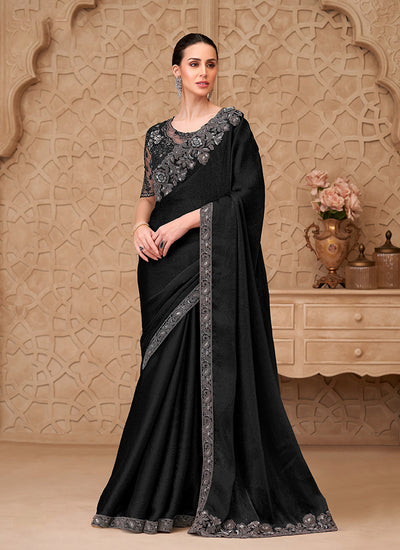 Black Traditional Embroidered Georgette Saree