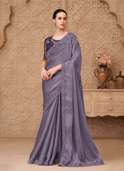 Lavender Traditional Embroidered Georgette Saree