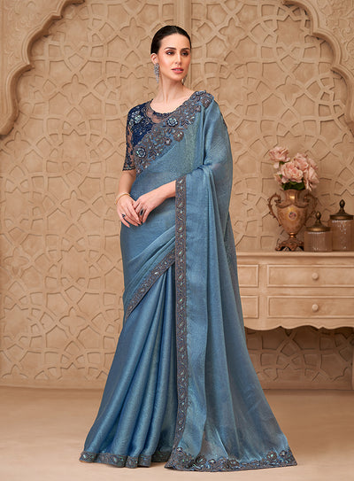 Blue Two Tone Embroidered Georgette Saree