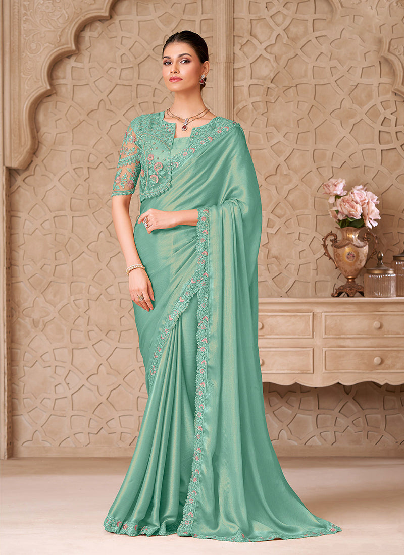 Sea Green Embroidered Jacket Style Georgette Saree