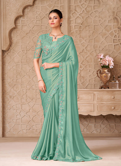 Sea Green Embroidered Jacket Style Georgette Saree