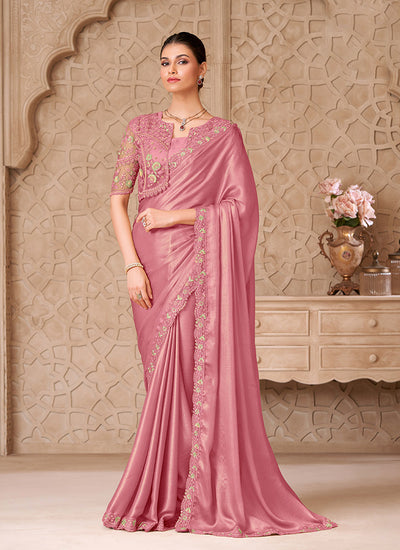 Pink Embroidered Jacket Style Georgette Saree