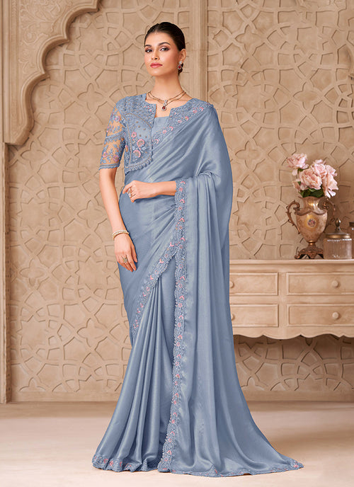 Blue Embroidered Jacket Style Georgette Saree