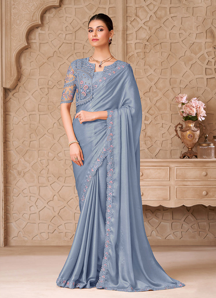 Blue Embroidered Jacket Style Georgette Saree
