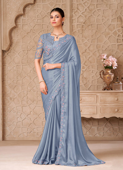 Blue Embroidered Jacket Style Georgette Saree