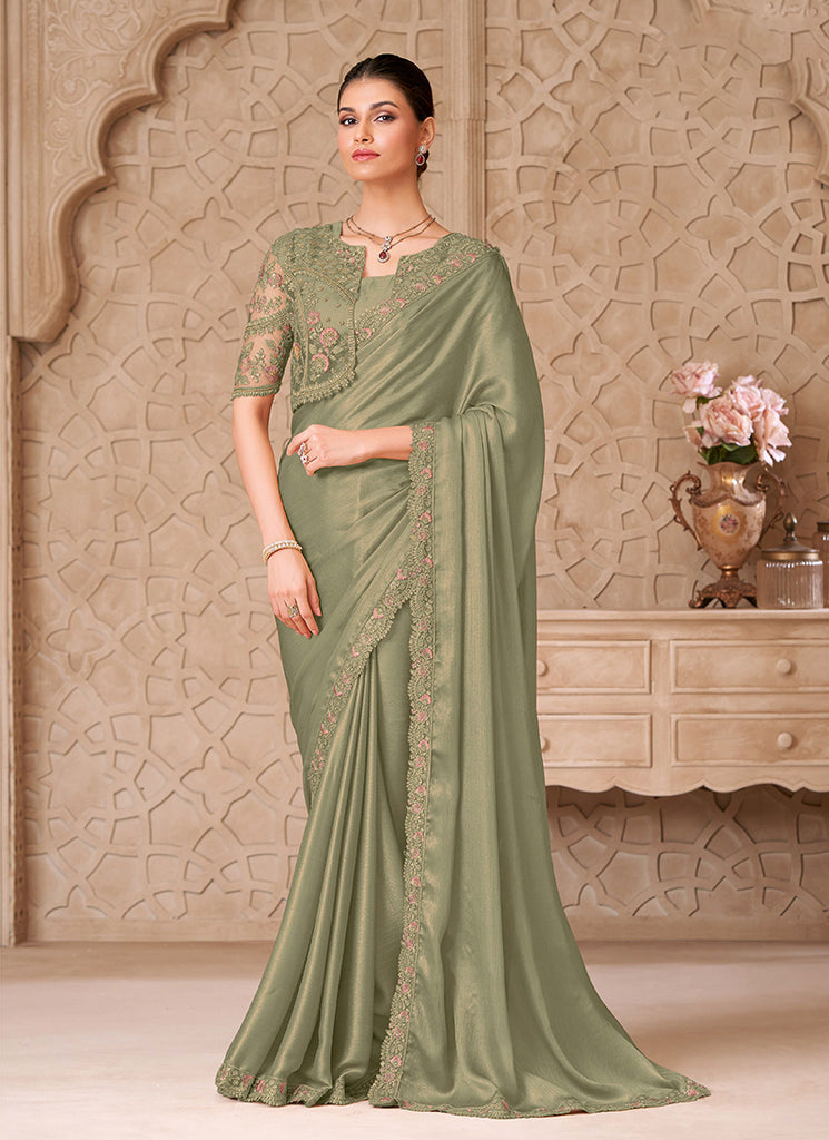 Sage Green Embroidered Jacket Style Georgette Saree