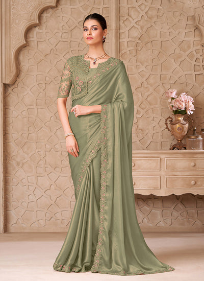 Sage Green Embroidered Jacket Style Georgette Saree