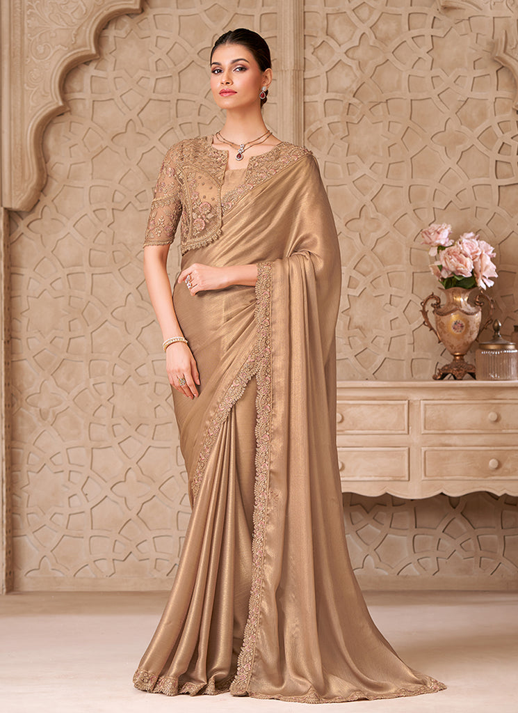 Golden Beige Embroidered Jacket Style Georgette Saree