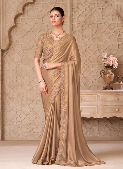 Golden Beige Embroidered Jacket Style Georgette Saree