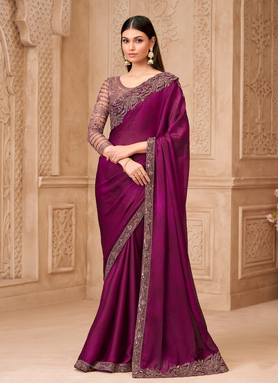Wine Two Tone Embroidered Georgette Saree