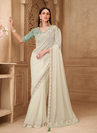Cream and Sea Green Embroidered Silk Saree