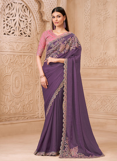 Purple and Pink Embroidered Georgette Saree