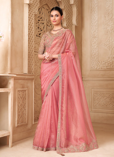 Peach and Golden Embroidered Tissue Saree