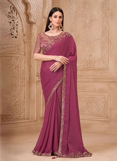 Rich Pink Embroidered Georgette Saree