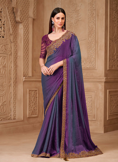 Purple and Maroon Embroidered Georgette Saree