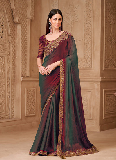 Green and Maroon Embroidered Georgette Saree