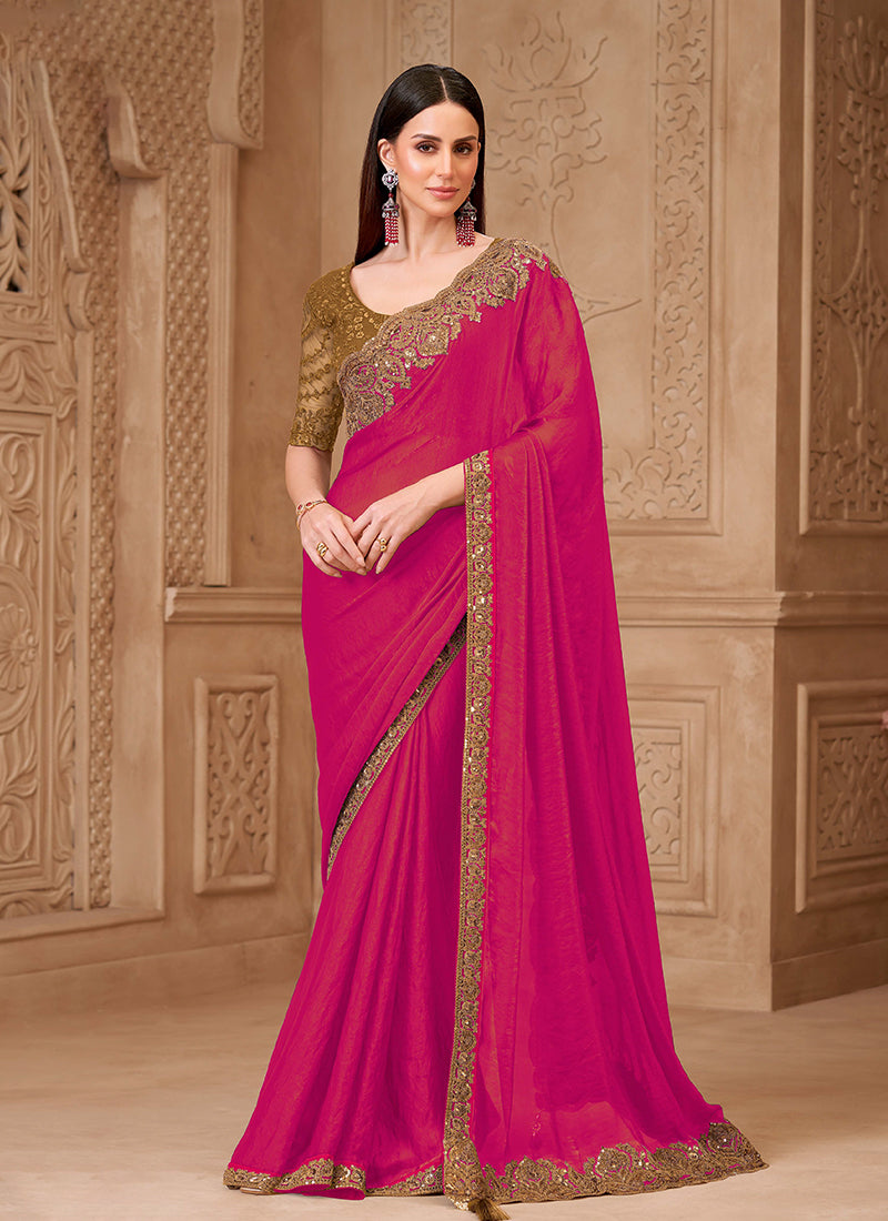 Pink and Mustard Embroidered Georgette Saree